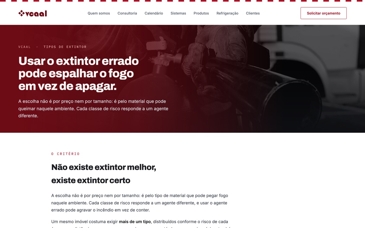Abertura da página Tipos de extintor no computador